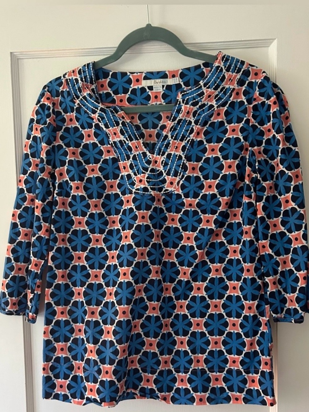 Boden Blue & Pink Geometric Floral Long-Sleeve Top